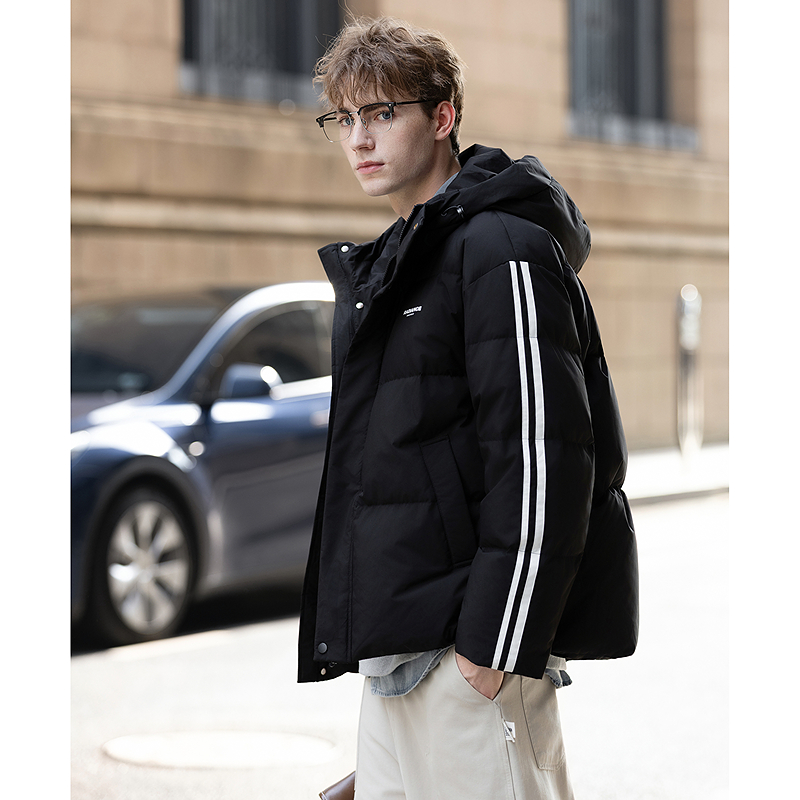 唐狮2025秋冬季羽绒外套男加厚连帽袖子撞色拼条运动风短款羽绒服