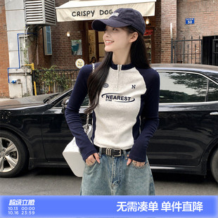唐狮26春秋季长袖T恤女立领拉链袖子拼接美式复古休闲气质高级感