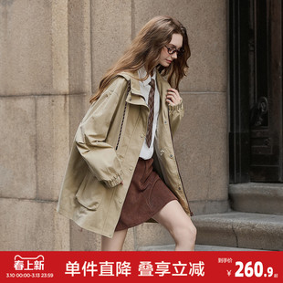 唐狮26春季风衣外套女连帽潮流中长款气质风衣学院休闲春秋女外套