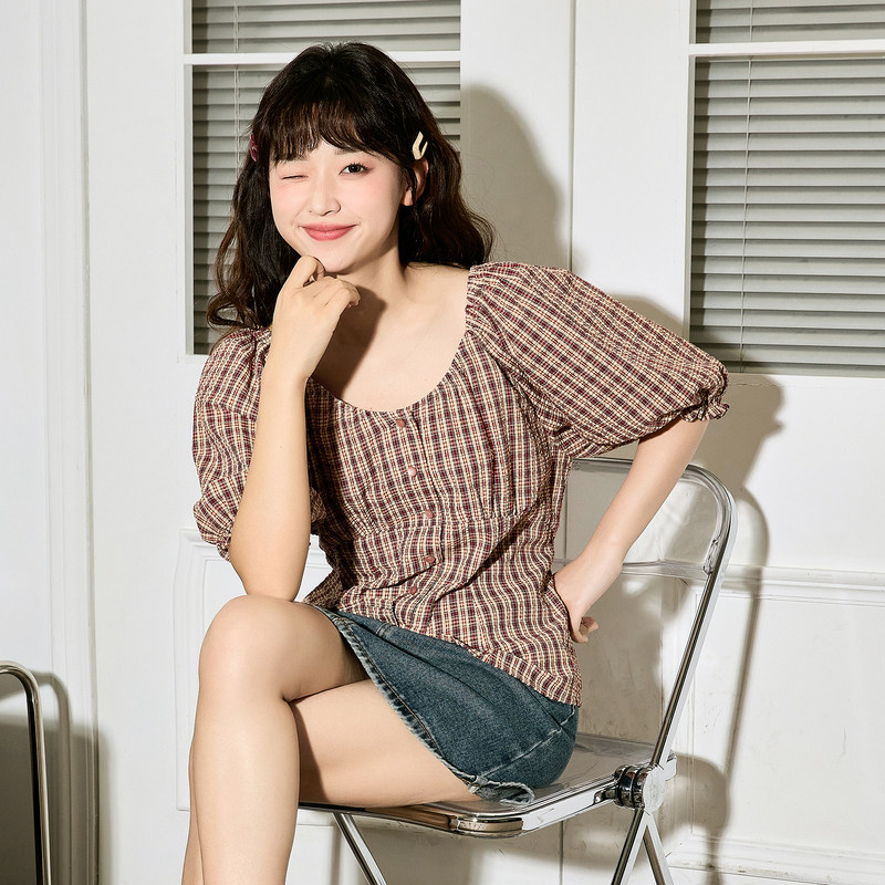 唐狮官方正品女2026新款旗舰女装店商场同款短袖格纹衬衫复古上衣