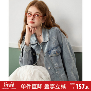 唐狮2026新款春秋季女薄外套百搭高级感甜酷风蝴蝶结满印牛仔外套