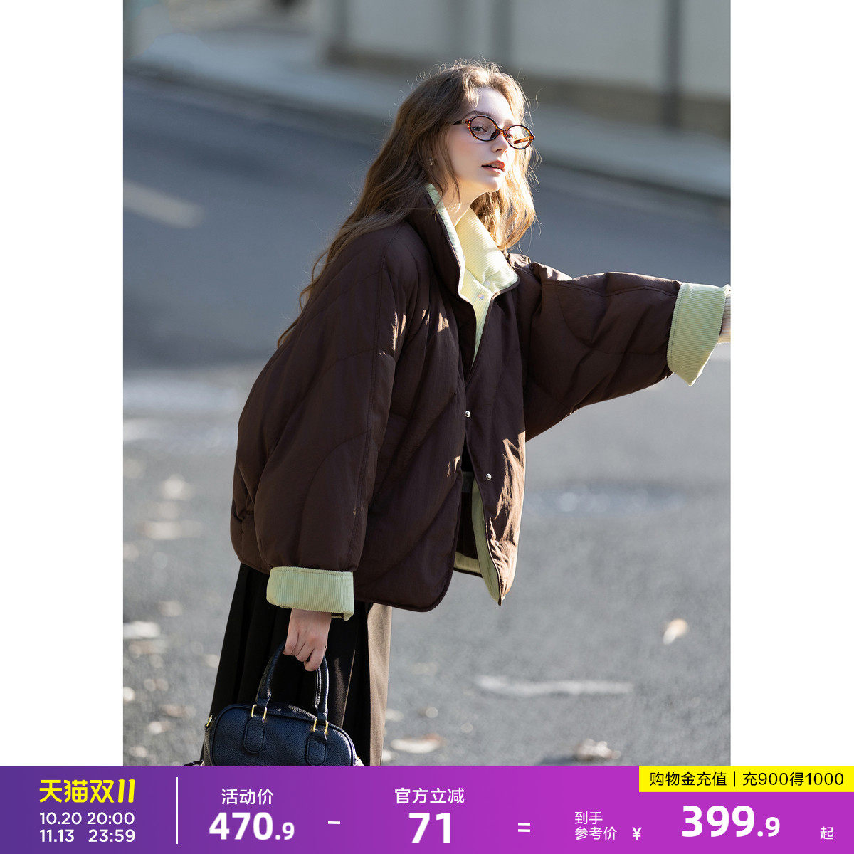 唐狮冬季新款短款羽绒服女撞色灯芯绒拼接蝙蝠袖立领防寒保暖时尚