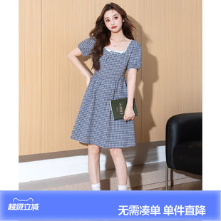 唐狮夏季连衣裙女新款格子裙泡泡袖好看小个子女装设计感