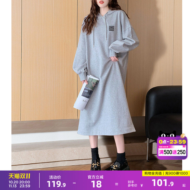 唐狮卫衣连衣裙女秋冬季宽松休闲连帽卫衣裙女春秋学院风小个子y5