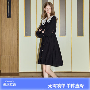 唐狮春装长袖连衣裙女2026早春新款娃娃领衬衫裙小个子黑色裙子