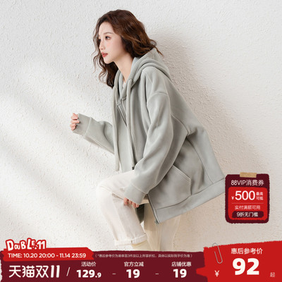 唐狮摇粒绒外套女春季2025新款今年流行宽松连帽休闲百搭上衣W1