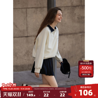 唐狮2025春季新款女polo短款撞色宽松显瘦长袖上衣蓝色爆款设计感