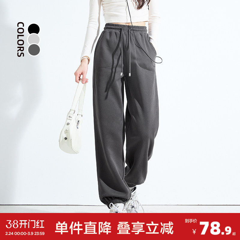 唐狮2025春秋季新款运动裤女三针五线宽松休闲长裤束脚灰色卫裤