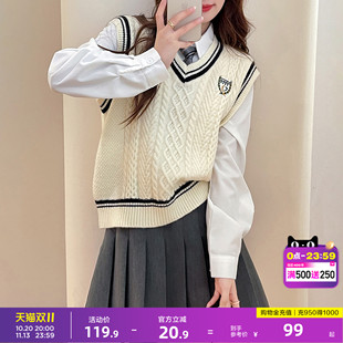 唐狮2026秋冬季女毛衣学院风撞色边设计V领套头马甲背心短款
