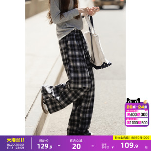 唐狮格子裤女2026春季阔腿裤女高腰松弛感休闲垂感拖地裤子女
