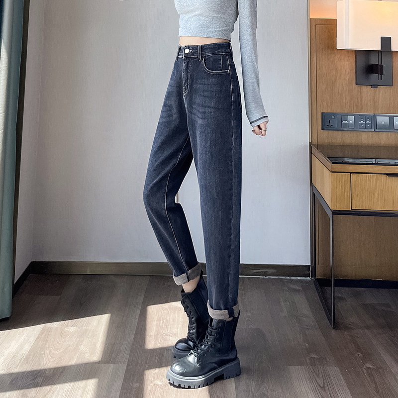 唐狮高腰牛仔裤女2025秋季新款复古水洗哈伦裤宽松显瘦设计感裤子