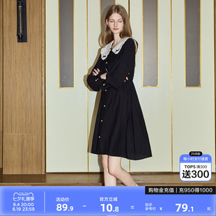 唐狮春装长袖连衣裙女2026早春新款娃娃领衬衫裙小个子黑色裙子