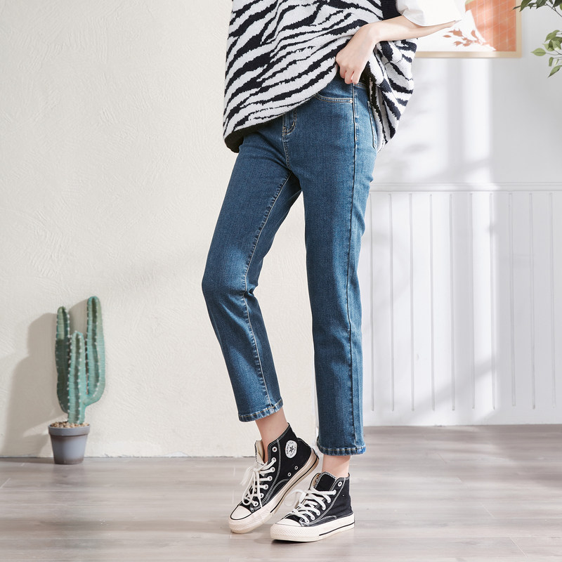 唐狮2021秋冬新款女牛仔裤加绒九分直筒烟管裤显高青少年裤子潮