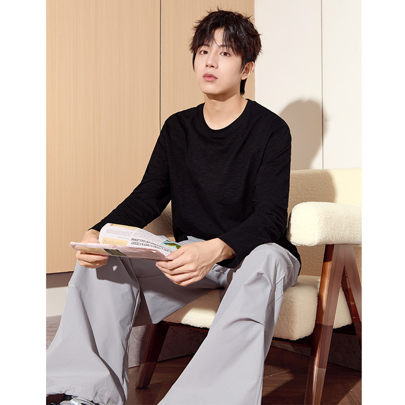 唐狮2024秋季新款长袖T恤男款男肌理感竹节棉纯棉长袖T恤潮流