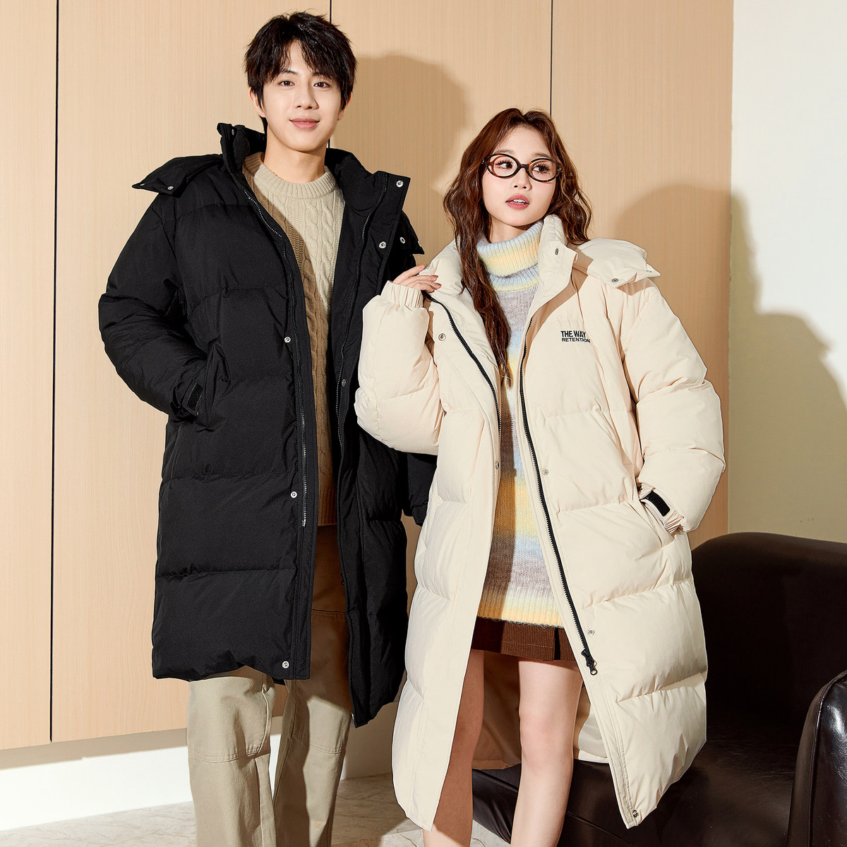 唐狮2024冬季新款情侣长款羽绒服连帽拉链款纯色韩系百搭厚外套