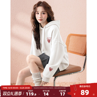 唐狮2025春夏新款女连帽卫衣百搭白色套头衫爱心设计感潮流爆款pc