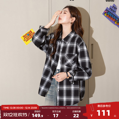 唐狮2025年新款长袖衬衫女黑白格子翻领美式复古上衣宽松外套潮bl