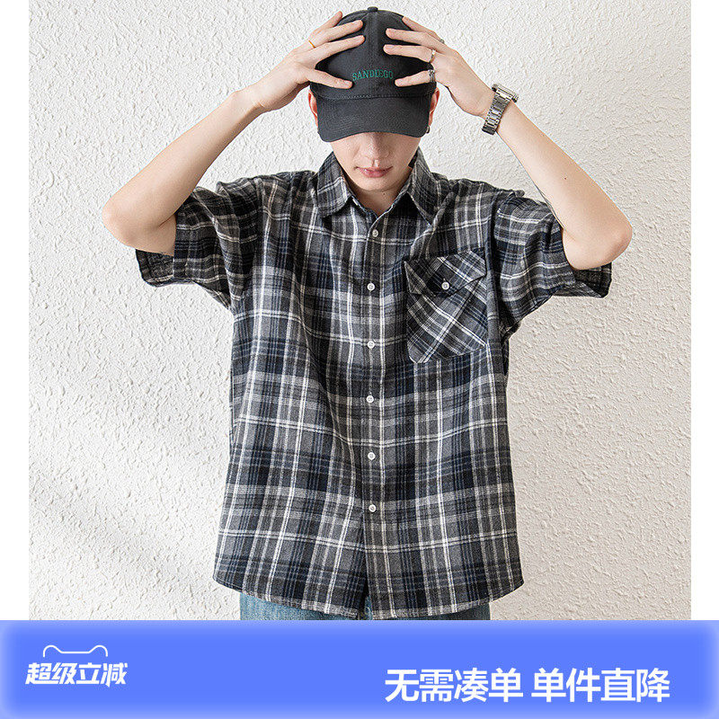 唐狮夏季新款短袖衬衫男格子宽松休闲港风百搭复古衬衣外套男