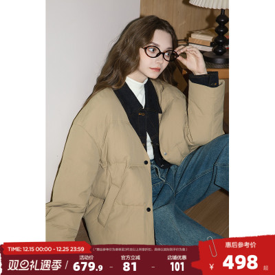 唐狮2025年冬款羽绒服女款翻领牛仔拼接假两件短款羽绒服高级感