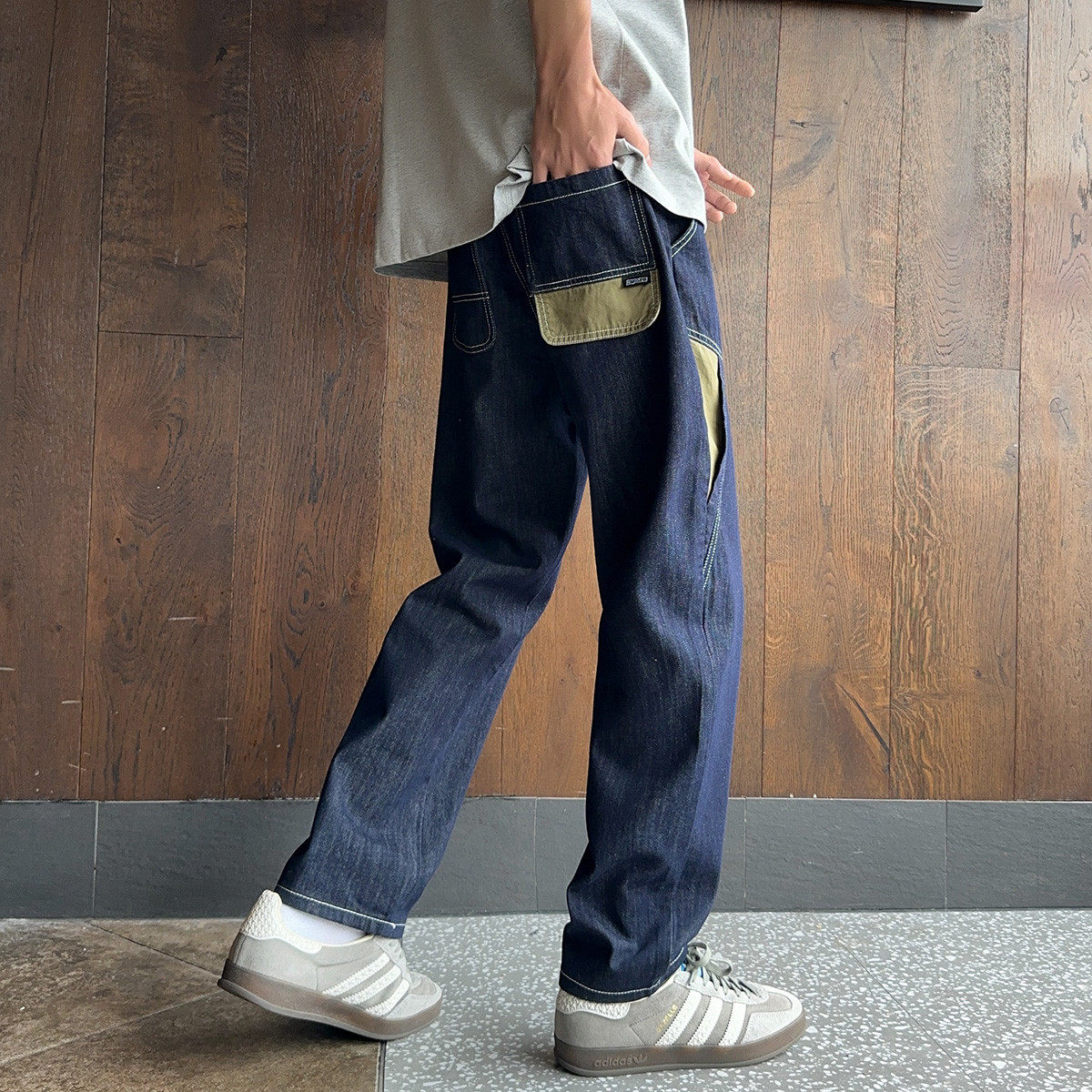 唐狮牛仔裤男2025秋季新款潮流撞色拼接设计感宽松显瘦锥形哈伦裤