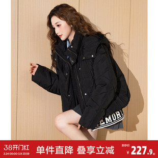 【防水】唐狮秋冬新款女连帽短款棉衣黑色拼接休闲潮流外套