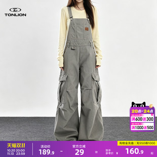 唐狮工装风多口袋牛仔背带裤女秋季2026新款设计感阔腿裤卡其色GB