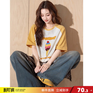 T恤黄色插肩袖 短袖 字母印花上衣纯棉撞色休闲 女新款 唐狮2026夏季