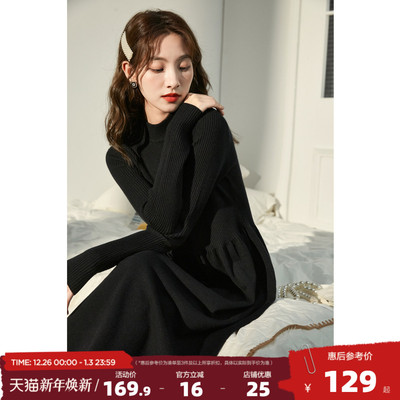 唐狮冬季黑色打底连衣裙女2025春装新款秋冬内搭中长款针织毛衣裙