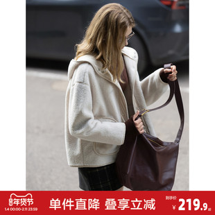 唐狮秋冬新款羊羔绒外套女短款高级感韩系宽松连帽仿麂皮绒外套女