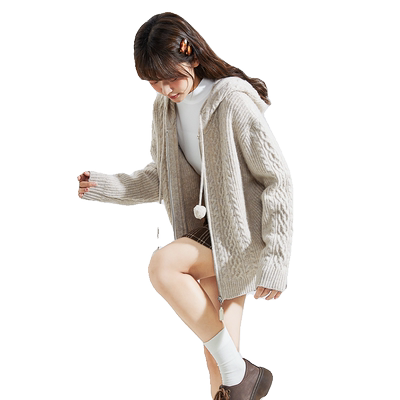 唐狮开衫毛衣女外搭2025早秋新款连帽针织衫慵懒风灰色毛衣外套