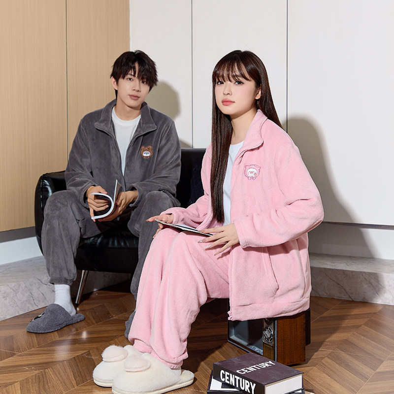 唐狮情侣珊瑚绒睡衣女秋冬季加厚加绒款开衫薄绒家居服男士套装女