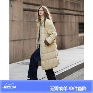 唐狮冬季长款羽绒服女立领拼接格纹设计过膝保暖羽绒外套鸭绒冬日