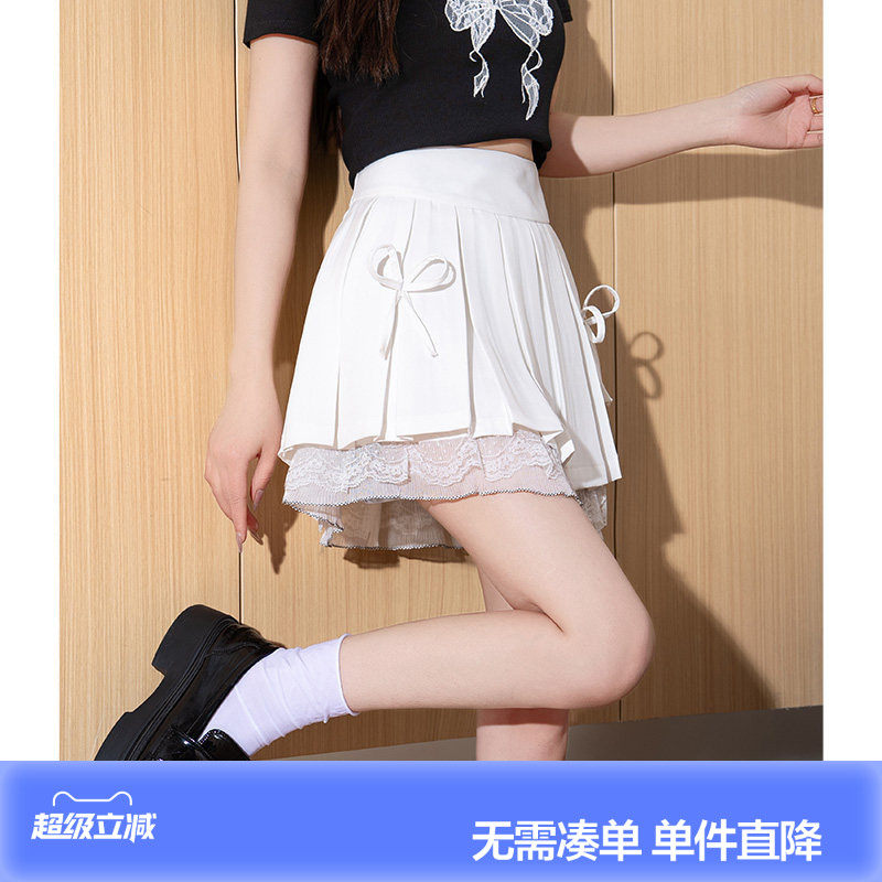 唐狮夏季百褶裙女设计感蕾丝花边拼接小众辣妹a字短裙半身裙jcc