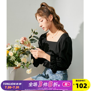法式 别致上衣女夏唐狮黑色短款 2022新款 泡泡袖 方领衬衫 露锁骨半袖