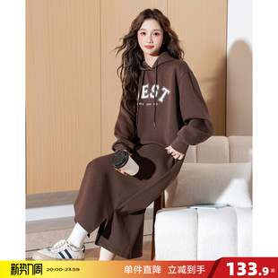 卫衣裙女装 唐狮连帽卫衣连衣裙女秋冬新款 长裙宽松休闲裙子长袖