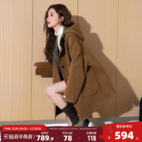 唐狮新款连帽呢外套女2025新款春季小个子韩系外套冬日千金穿搭cq