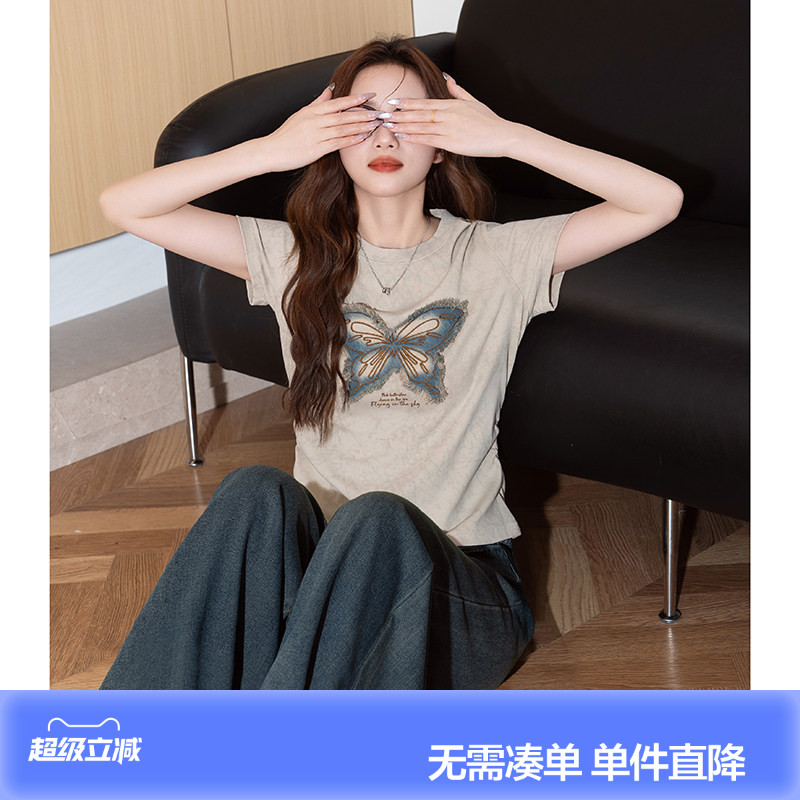 唐狮2026夏季女新款短袖T恤蝴蝶短款圆领设计感独特漂亮掐腰上衣