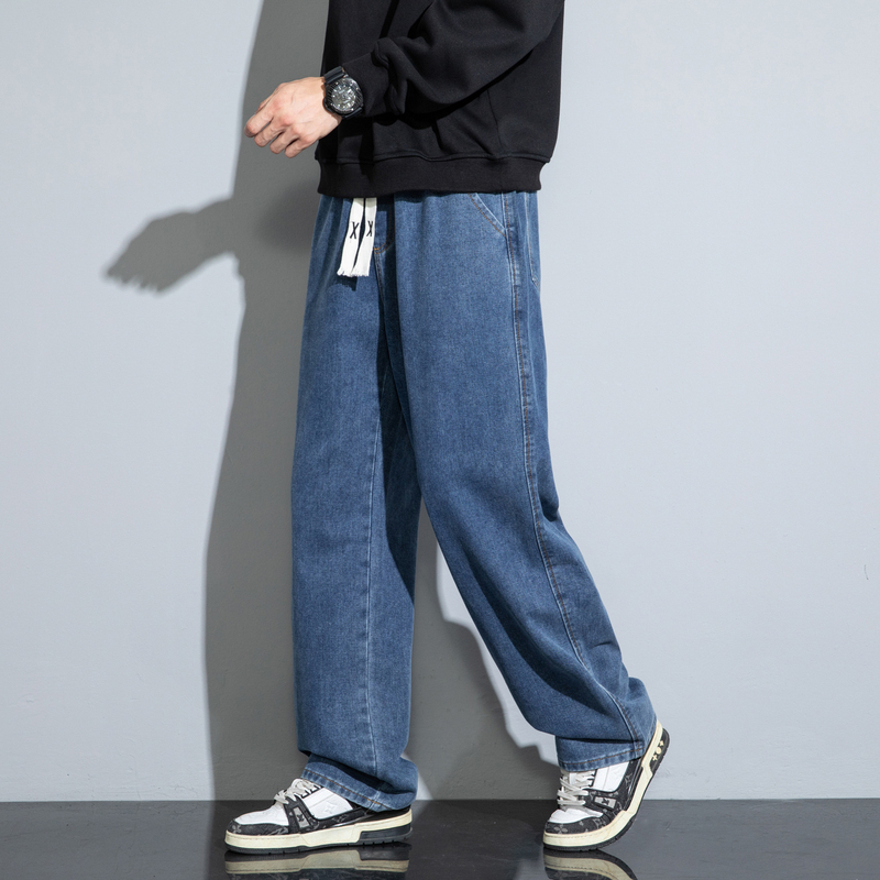 唐狮2025春秋季新款牛仔裤男士宽松抽绳阔腿直筒裤子男复古美式潮