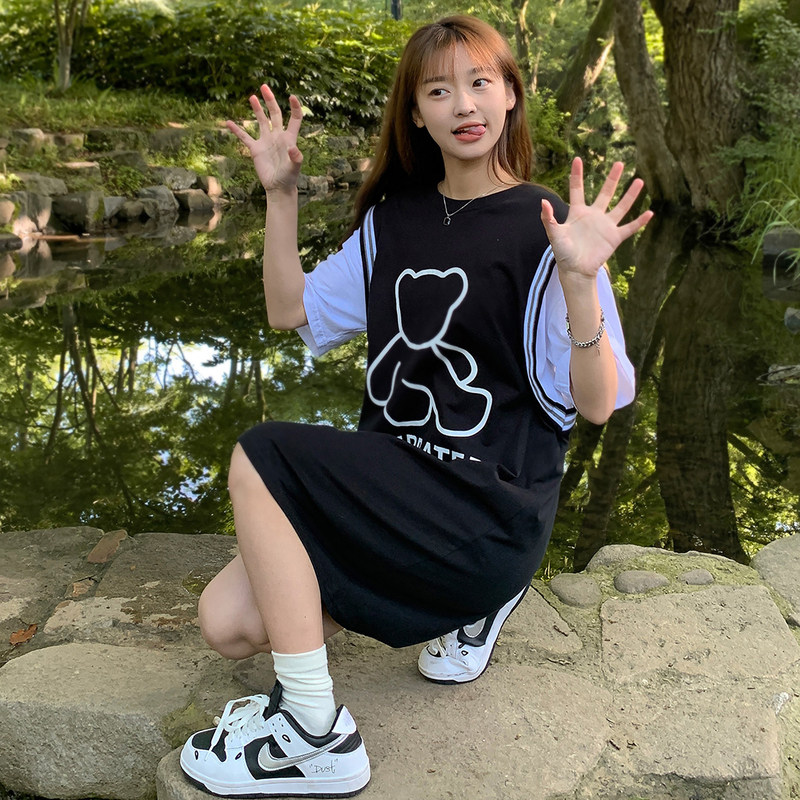 唐狮T恤连衣裙女新款小个子学院运动风裙子女夏季显瘦气质女装r2
