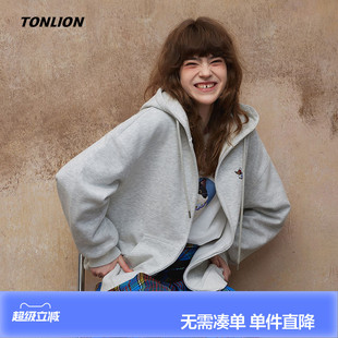 唐狮2026春秋新款外套女韩版花灰色宽松慵懒风连帽拉链开衫卫衣
