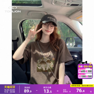 唐狮美式复古森系短袖T恤女春夏插画印花落肩oversize中长款上衣