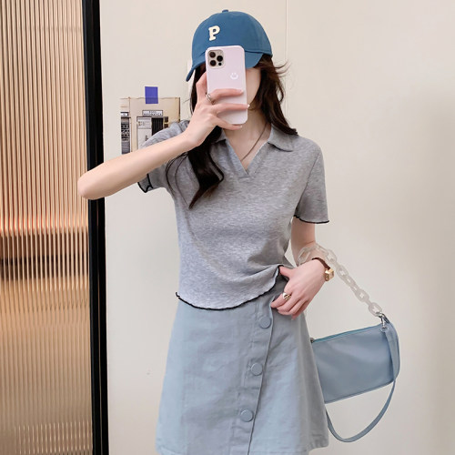 唐狮新款短袖打底polo衫女内搭爆款短款上衣2024春夏流行漂亮小衫