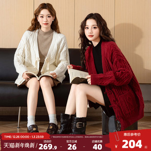 宽松V领针织毛线衫 红色毛衣外套国风新中式 女开衫 唐狮2025春季