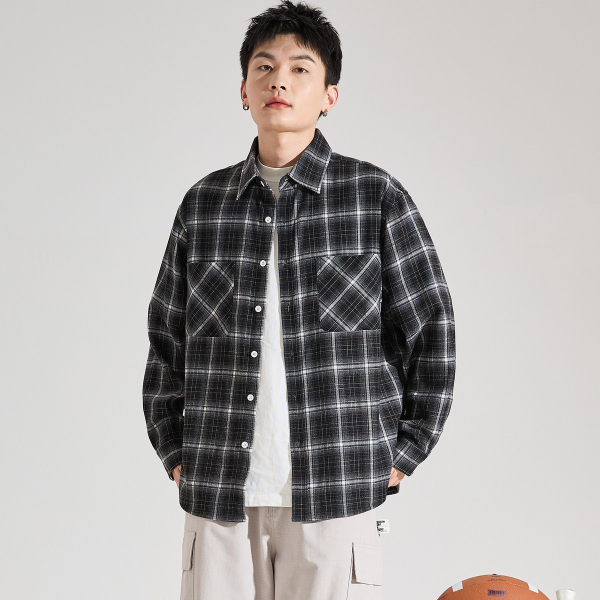 唐狮2024秋季新款格子长袖衬衫男翻领双口袋工装衬衣青少年外套潮