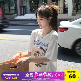 唐狮竹节棉透气短袖 宽松白色上衣女设计感sz T恤女2025新款 夏季