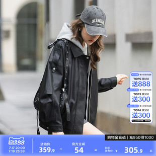 唐狮2026春季皮衣外套女假两件连帽时尚宽松美式复古黑色好看上衣