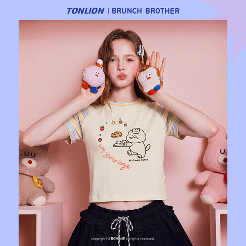 【Brunch Brother联名】唐狮夏季女短袖T恤插肩袖修身显瘦上衣潮