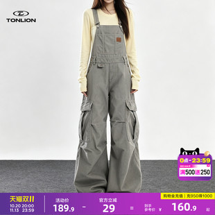 唐狮工装风多口袋牛仔背带裤女秋季2026新款设计感阔腿裤卡其色GB