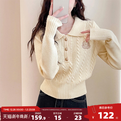 唐狮2025年新款毛衣女翻领学院风刺绣设计感减龄套头针织衫上衣yd