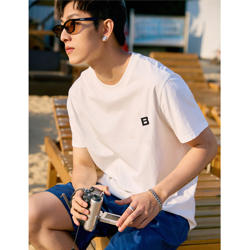 唐狮2024夏新款个性小标纯棉短袖t恤男潮休闲宽松圆领打底衫衣服